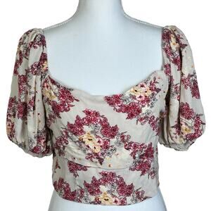 Coco + Jaimeson Top Women Large Floral Beige Pink Smocked Ruched Puff Sleeves